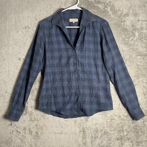 Sarah Alexandra Blue Plaid Shirt Tailored Minimal Workwear Blouse Size 2 XS